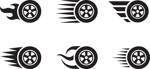 A collection of six monochrome vector icons Set of black speeding wheel icons with motion trails. Car tire, race, and velocity graphic elements vector collection.
