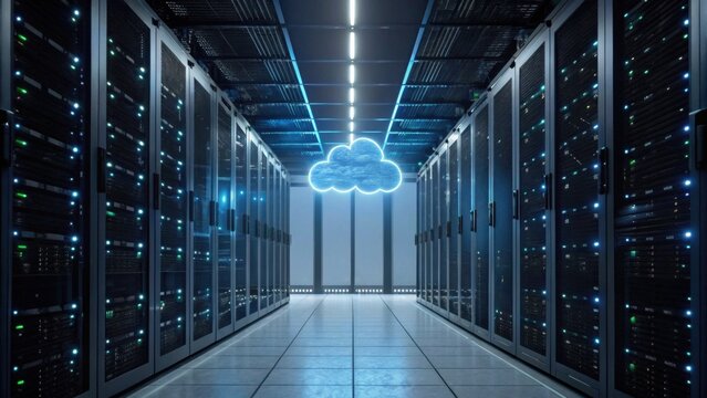 A modern data center with rows of servers and a glowing cloud icon overhead, symbolizing cloud computing technology.