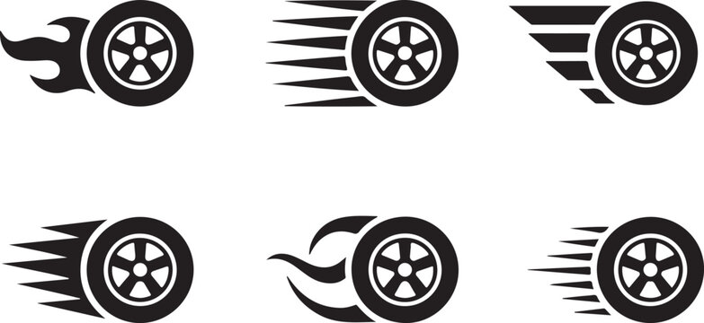 A collection of six monochrome vector icons Set of black speeding wheel icons with motion trails. Car tire, race, and velocity graphic elements vector collection.