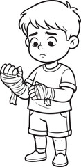 Cartoon line art of a sad boy with bandaged hands. black and white cartoon vector illustration of a young boy fighter or injured child vector illustration for a coloring book page.