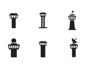 A set of six simple, black and white vector icons Airport Control Tower Icon Set. Simple Vector Silhouettes for Aviation and Travel Themes.