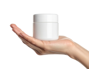 Hand holding white cosmetic jar container on transparent background for skincare product mockup presentation