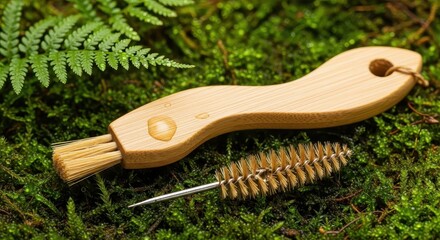 Natural wooden cleaning tools rest upon vibrant green forest floor elements