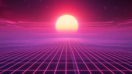 Vibrant retro sunset over a digital landscape with grid lines and neon colors, creating a nostalgic atmosphere reminiscent of 80s aesthetics and synthwave art