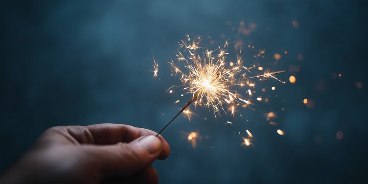 Candid close-up studio shot, a hand holding a lit sparkler with golden sparks flying, against a smooth seamless midnight blue background.