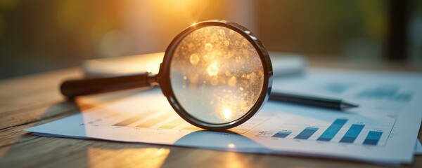 Magnifying glass examines financial chart on paper. Pen lies beside documents on wooden table. Close up view shows data analysis and market trends. Bokeh background adds depth.