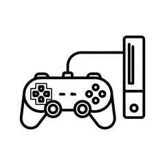 Outline icon of a video game controller connected to a console isolated on