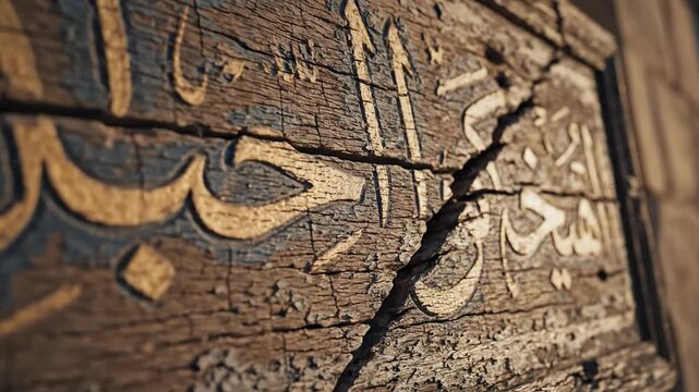 Ancient Arabic script carved into weathered cracked wood with golden inlay