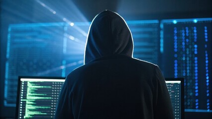 A figure in a hoodie faces multiple screens displaying code and data, set against a backdrop of illuminated technology.