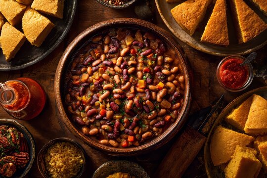 Hoppin' John served with cornbread, creating warm inviting atmosphere. Concept of rustic dining featuring rice, pork, black eyed peas, and cozy ambiance.
