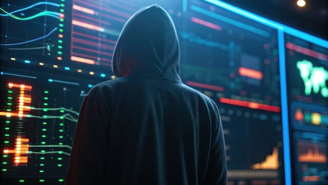A hooded figure observes digital data on screens, immersed in a world of technology and information analysis.