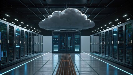 A modern data center featuring rows of servers with a cloud symbolizing cloud computing overhead.
