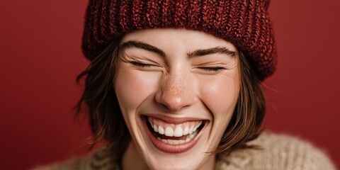 Candid portrait close-up studio shot, a woman's face laughing heartily with eyes crinkled closed, wearing a cozy knit beanie, against a smooth seamless festive cranberry red background