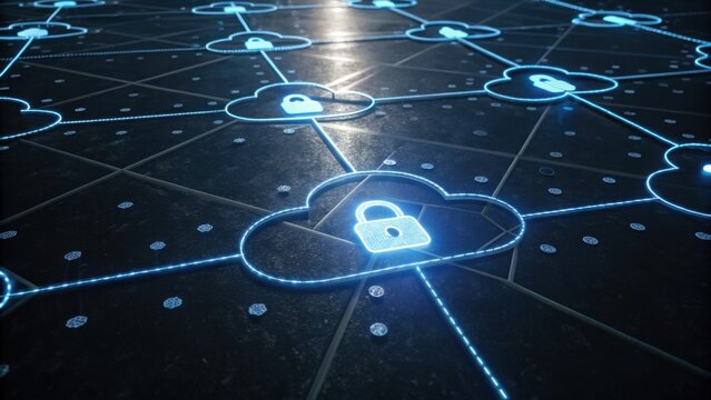 A digital representation of interconnected cloud icons with locks, symbolizing cybersecurity and data protection in a modern technology landscape.