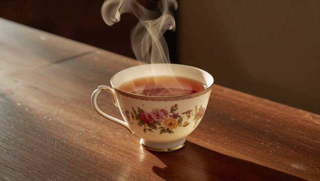 Steaming porcelain teacup sitting on wooden table, sunlight illuminating floral motif and gold rim
