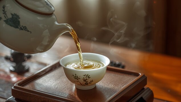 Pouring from white porcelain teapot, teacup catching amber tea on tray on wooden table steam rising - Powered by Adobe