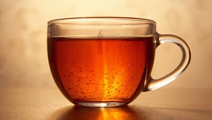 Showing clear glass teacup with handle holding amber tea on tabletop in studio, with condensation