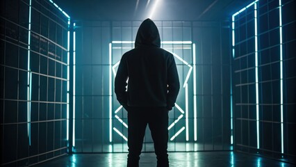 A silhouetted figure in a hoodie stands before illuminated geometric patterns, creating a dramatic and mysterious atmosphere.