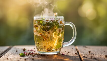 Steaming transparent glass mug sitting on weathered wooden table in garden, with chamomile flowers