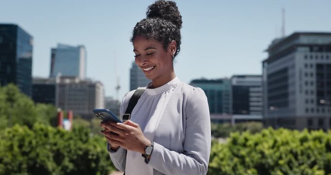 Phone, professional and businesswoman in city for communication, typing or email on mobile app. Technology, connectivity and female corporate employee with cellphone for texting online in urban town.