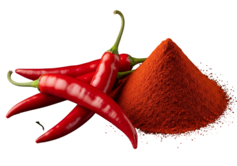 A vibrant pile of bright red chili peppers next to a conical mound of ground chili powder, isolated on transparent background
