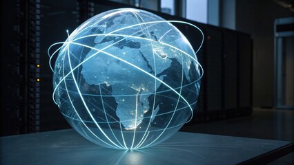 A glowing holographic globe with interconnected lines, symbolizing global connectivity and technology in a modern setting.