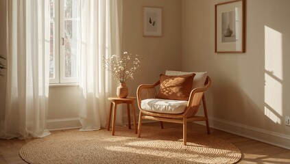 Soaking rattan armchair with white cushion and rust pillow under sheer curtains, with jute rug
