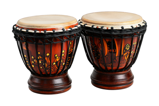 Two ornate, ethnic drums with skins and rope binding, against a dark background