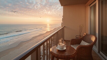 Showing wicker armchair beside round table on beach balcony at sunset, steaming cup, copy space