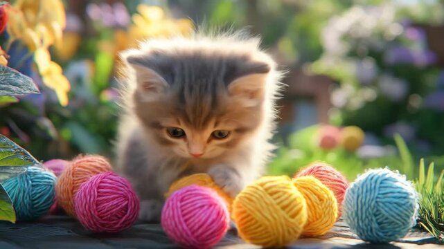 Kitten surrounded by colorful yarn balls in natural outdoor setting