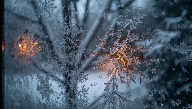 Showing frost-covered window at home, revealing dendritic snowflake at center, warm lights glowing - Powered by Adobe
