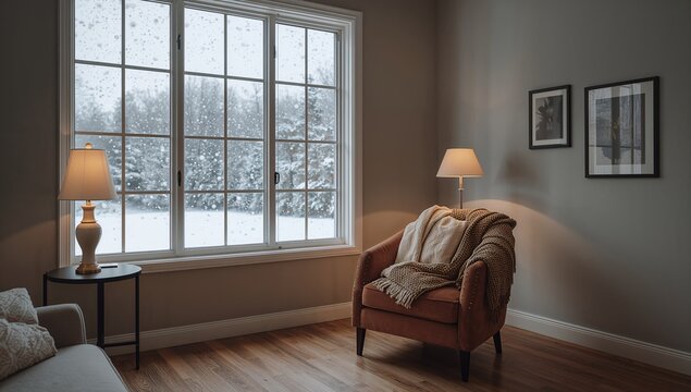 Sitting rust armchair draped with chunky throw and folded blanket in living room corner, copy space
