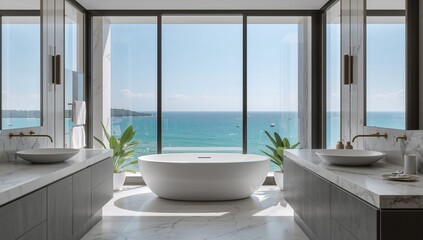 Featuring freestanding tub sitting in sea-facing marble bathroom, with glass wall and brass taps