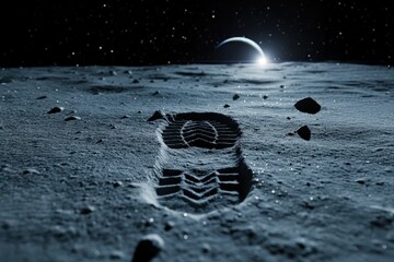 Footprint on the lunar surface with Earth rising on the horizon, captured in a dramatic low-light sci-fi scene symbolizing exploration, history, and space discovery.