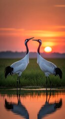 Naklejka premium Two elegant cranes silhouetted against a vibrant sunset reflecting in the water