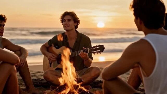 Beach Bonfire Group Friends Sunset Guitar Music