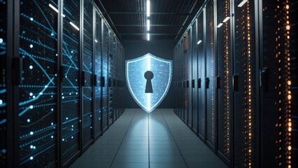 A digital data center with server racks, featuring a glowing shield symbolizing cybersecurity and data protection.