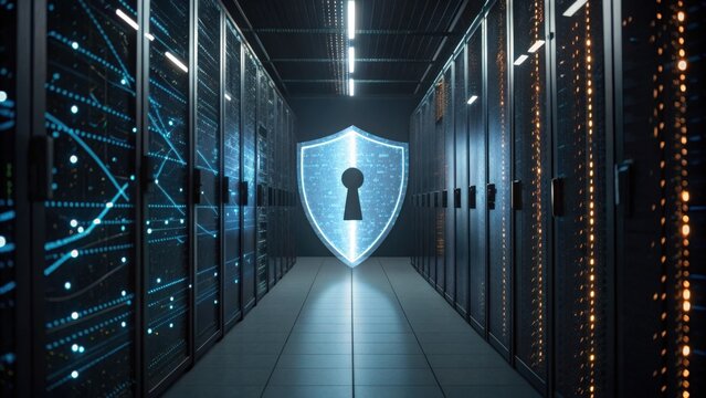A digital data center with server racks, featuring a glowing shield symbolizing cybersecurity and data protection.