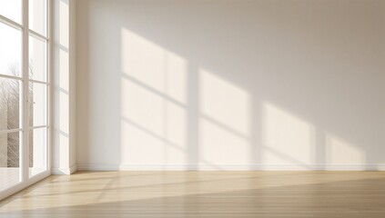 Casting mullioned window shadows across wall and hardwood floor in empty room, leafless trees