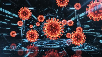 3D Render of Orange Viruses on Blue Binary Code Background Medical Concept