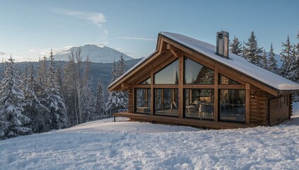 Bathing wooden cabin on snowy hillside with glass facade, metal chimney, stone fireplace visible