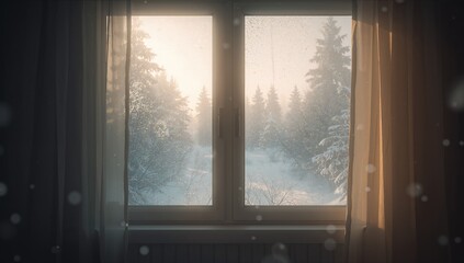 Framing double pane window with center handle, showing frosted glass and snowy pines in room, drape