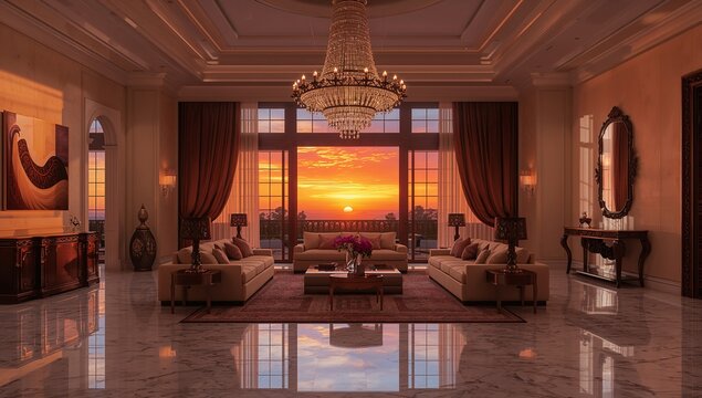 Glowing seating in living room showing paired sofas, table with blooms under chandelier with sunset