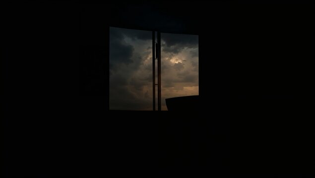 Showing square window revealing stormy dusk sky in dark room, with mullions, latch, sofa silhouette - Powered by Adobe