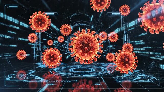 3D Render of Orange Viruses on Blue Binary Code Background Medical Concept