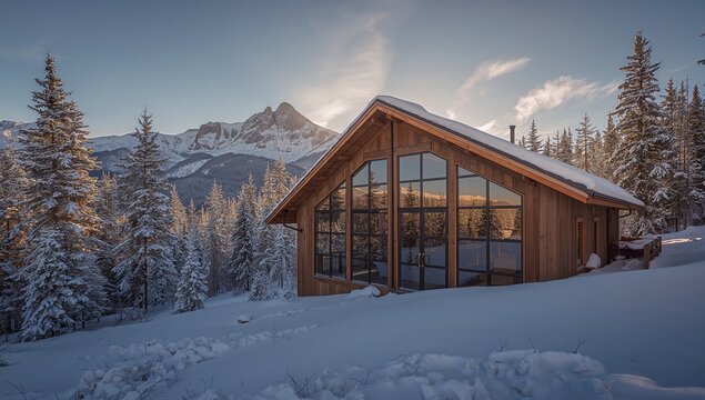 Sitting steep-pitched wooden cabin catching low sun on snowy slope, glass showing trees and peak