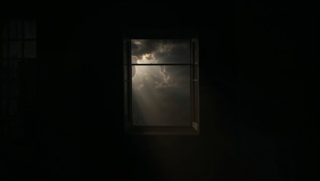 Framing window with divider, clouds breaking, sending sunbeams into dark room, sill catching light - Powered by Adobe