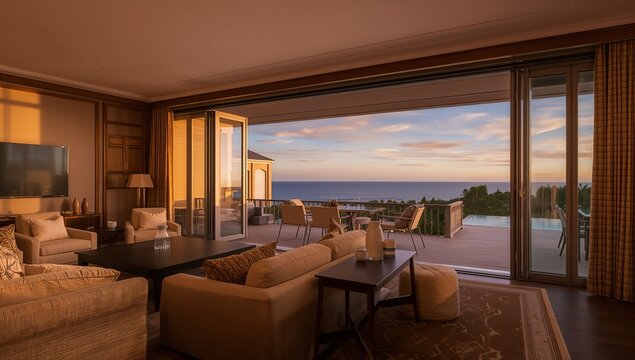 Featuring living room seating opening onto wooden deck at sunset, with sliding glass doors