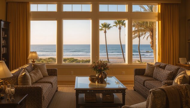Showing multi-pane window revealing ocean and palms in coastal living room with patterned sofas