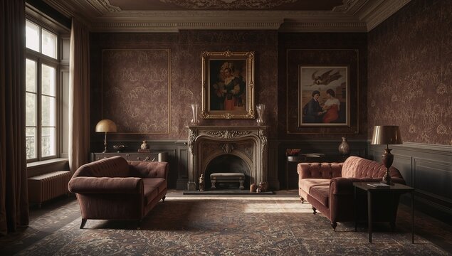 Framing ornate fireplace and mantel drawing focus in formal parlor, with portrait, sofas, rug